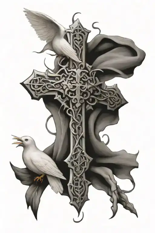 Christian Cross With Thorns Wrapped And Doves Snuggling And Standing