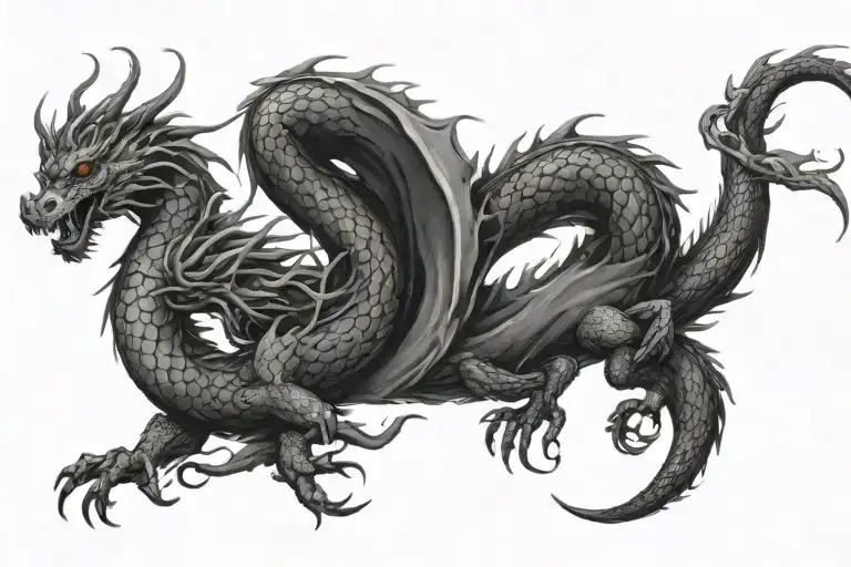 Black Dragon Coiling Up A Flowing Tree Intertwined