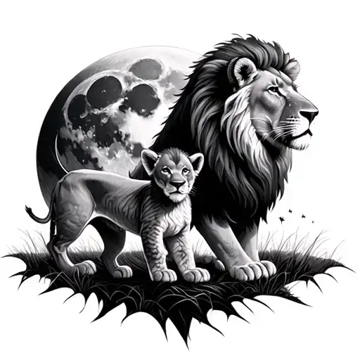 Lion And Lion Cub In Front Of A Moon Surrounded