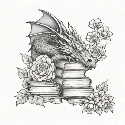 Sleeping Dragon On Books Surrounded By Florals Forming The Shape