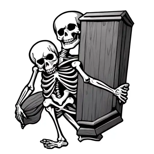 A Happy Dancing Skeleton Holding A Coffin Standing