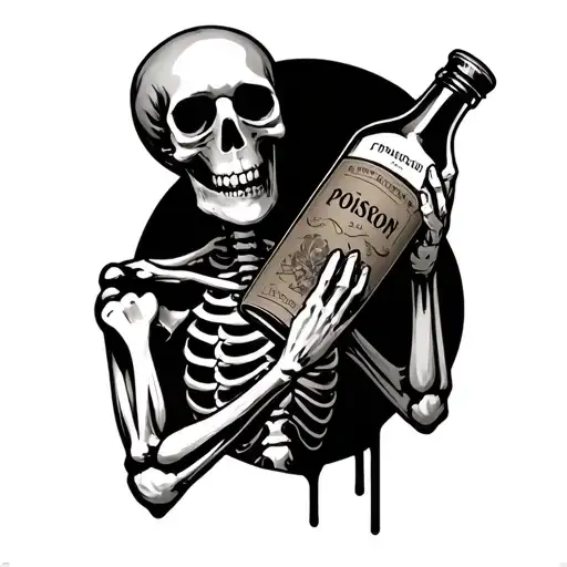 Tattoo Of A Full Body Skeleton Holding Out A Bottle That Is Labelled Poison