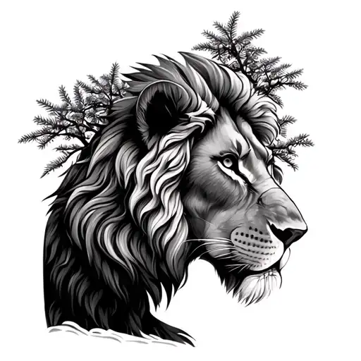 Sun Shining Light On Lion And Juniper Tree Growing