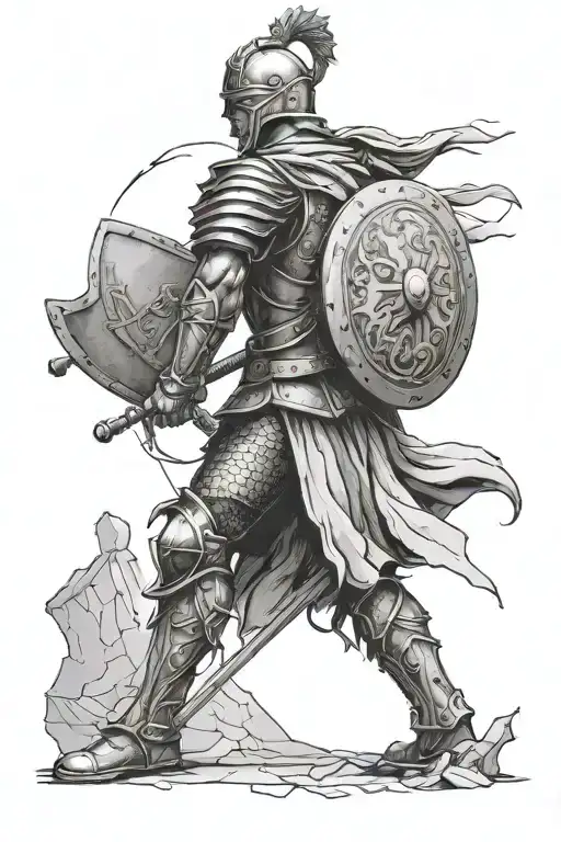 Tattoo Of A Statue Of A Warrior In Armor Brandishing A Shield And Cracked By Time