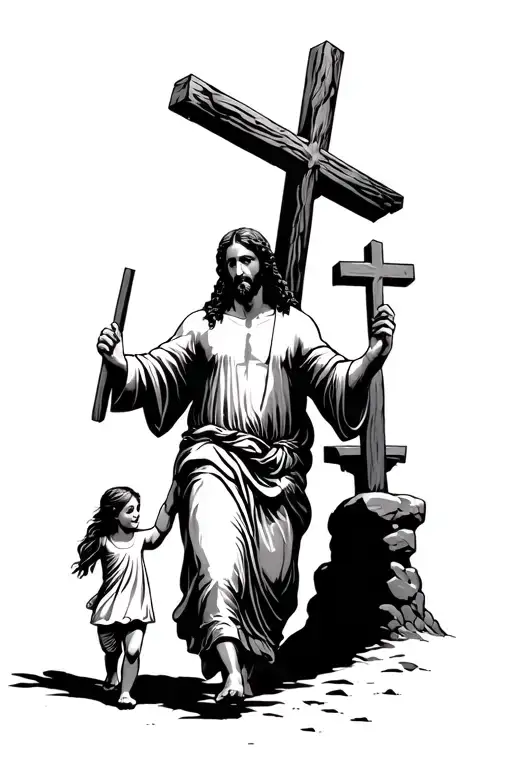 Jesus Walking Away Holding Hands With A Little Girl And Carrying The Big Cross On His Shoulders