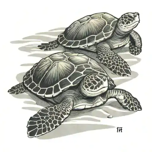 Two Green Sea Turtles Laying In The Sand At Sun Setting