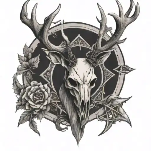Stag Skull With Large Antlers Male With Pentacle Decorated