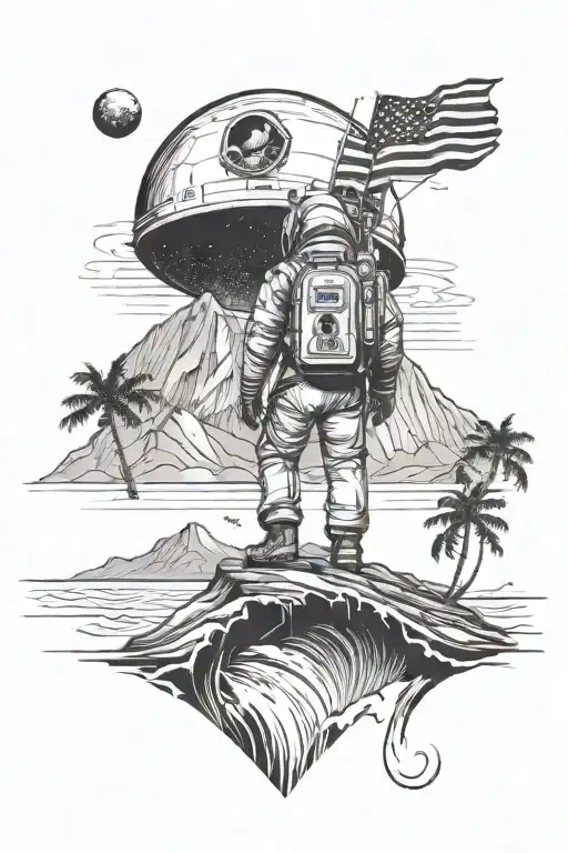 Half-dome With An Astronaut In Space Behind It And The Beach With Waves Below It With Palm Trees
