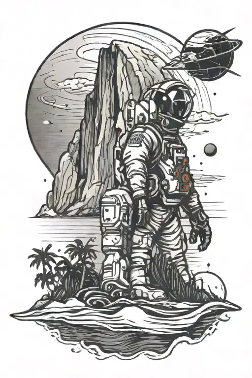 Half-dome With An Astronaut In Space Behind It And The Beach With Waves Below It With Palm Trees
