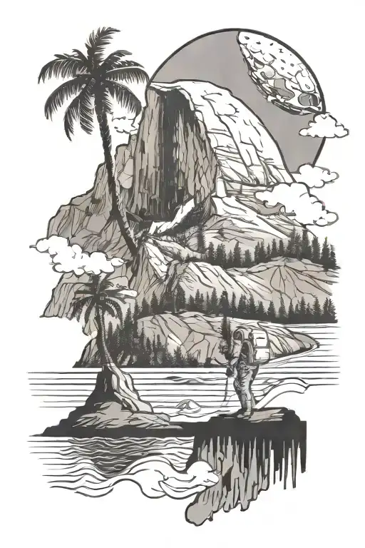 Half-dome With An Astronaut In Space Behind It And The Beach With Waves Below It With Palm Trees
