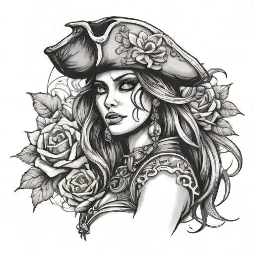 Female Pirate With Flowers Growing Tattoo Idea