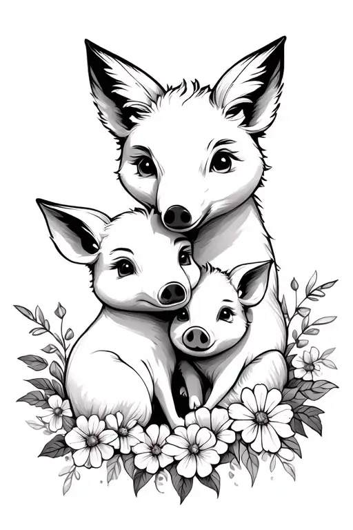 Fox And Pig Cuddling Together Surrounded By Blooming Flowers
