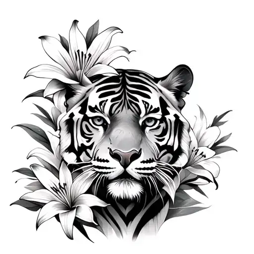 Tiger With Lilies