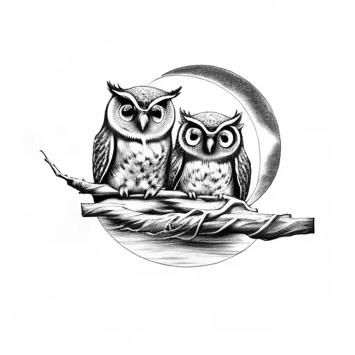 Two Owls Sitting On Crescent Moon
