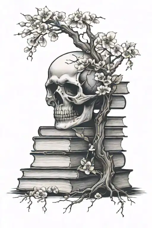 Stacked Books Skull Cherry Blossom Tree Growing
