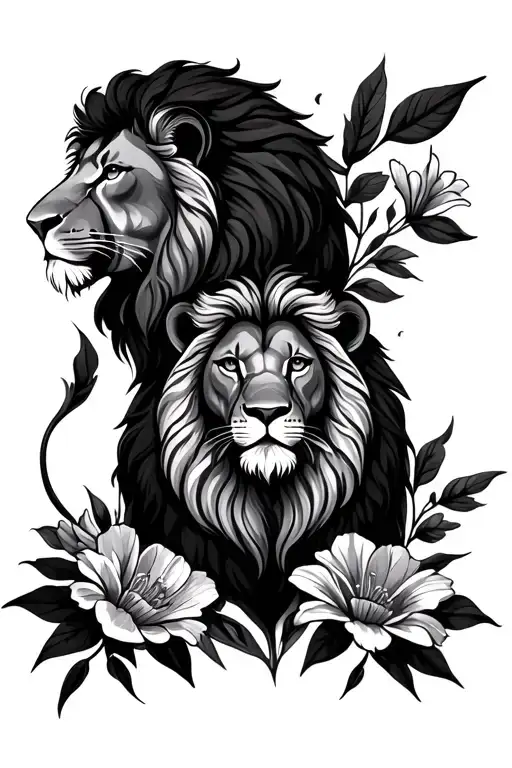 Lion Couple And Flowers In The Background
