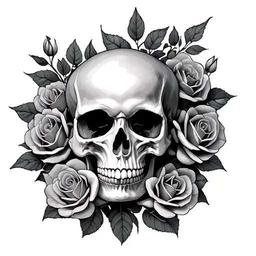 Half A Skull Surrounded With Roses Intertwined