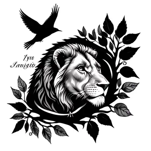 Lioness Ring With Tree Of Life On Hand And Leaves As Childrens Names And A Sparrow In The Background