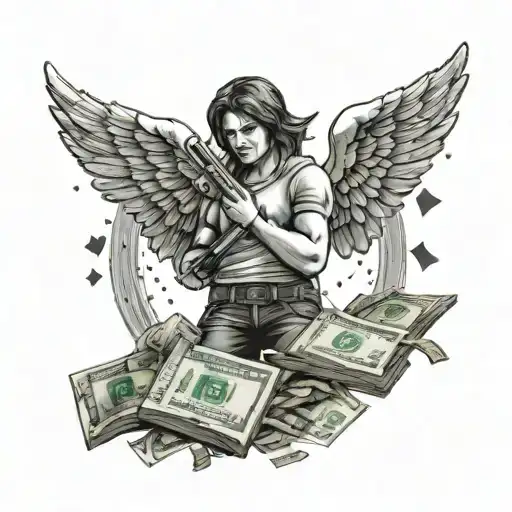 Letters Saying Money And A Angel Flying With Guns In Its Hands With Money Raining Down