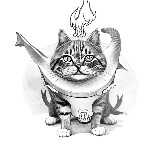 Cat In A Shark Costume Standing With A Fire Match In His Paws