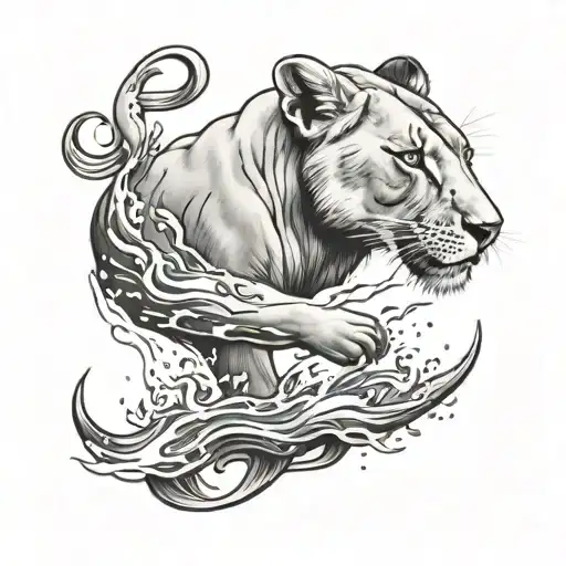 A Black-grey Tattoo Of A Lioness Diving Into The Water To Catch A Fish