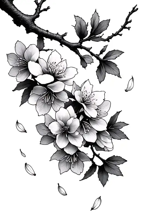 Line Spine Tattoo Cherry Blossom Branch With Falling Petals