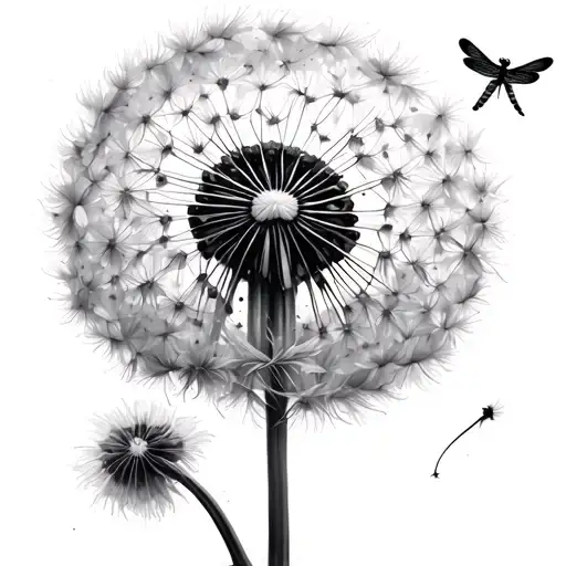 Dandelion With A Water Colored Dragonfly Flying
