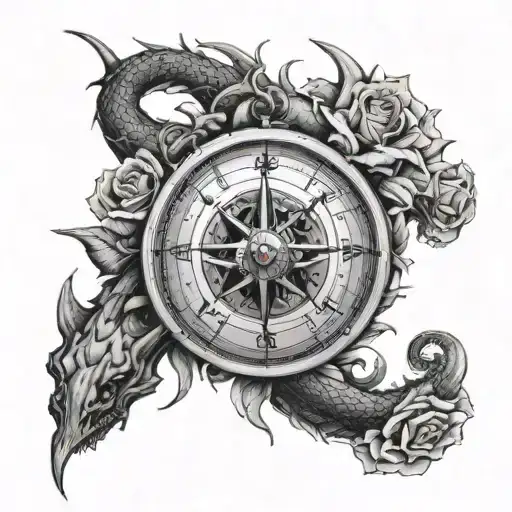 A Compass With A Dragon Wrapped Around It With Roses