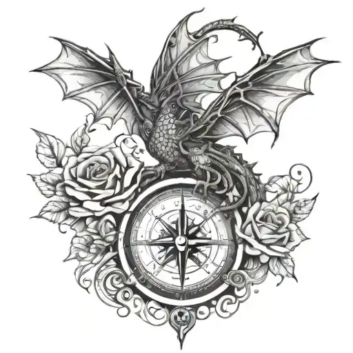 A Compass With A Dragon Wrapped Around It With Roses