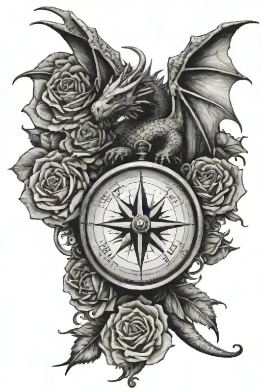 A Compass With A Dragon Wrapped Around It With Roses