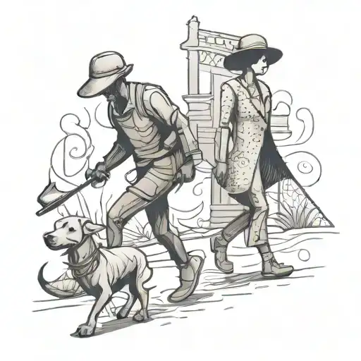 Stickman And Stickwoman Walking With A Dog Playing