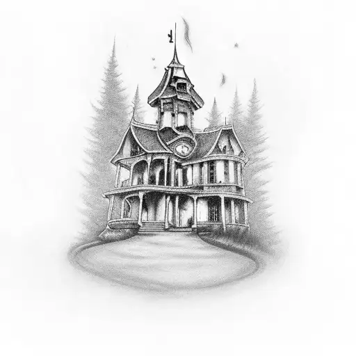 A Horror-themed Tattoo Featuring A Haunted House Surrounded By Creepy Bugs