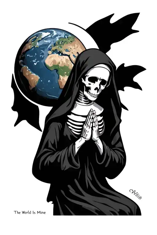 Skeleton Nun Praying Sideways Hands Holding With Words The World Is Mine With Earth Behind The Head