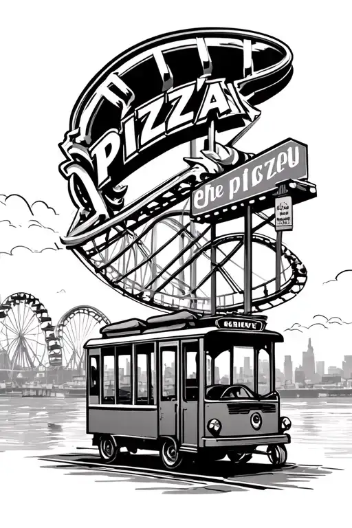Trolly Infront Of A Pizza Place With A Rollercoaster In The Background On The River