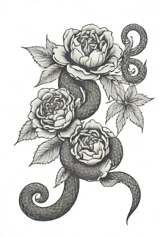 Snake Coiled Around Peonies