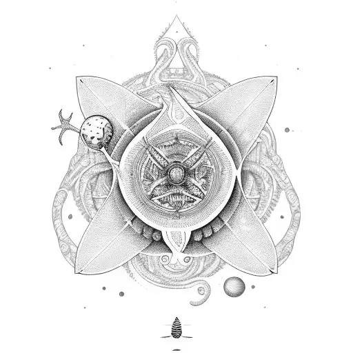 An Intricate Surfboard Design Incorporating Scientific Symbols And Ocean Creatures