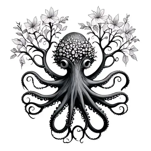 Octopus Body With A Tree As The Head And Flowers On The Oak Tree Black And White