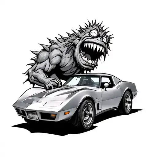 76 Corvette With A Monster Hanging Out The Top Ratfink Cartoon Style