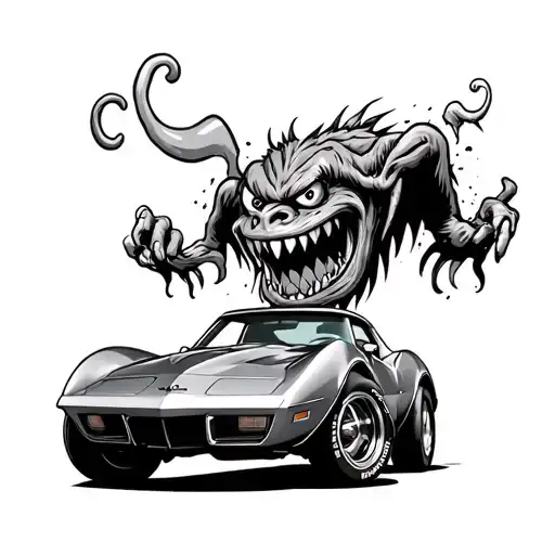 76 Corvette With A Monster Hanging Out The Top Ratfink Cartoon Style