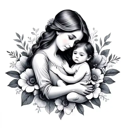 Floral Mother Holding Baby Girl Fine Line