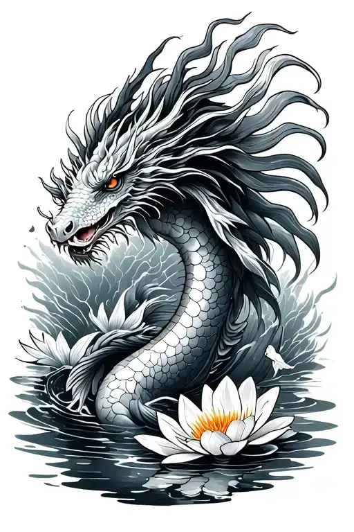 Asian Sea Dragon With Water Lillie's And Koi Swimming