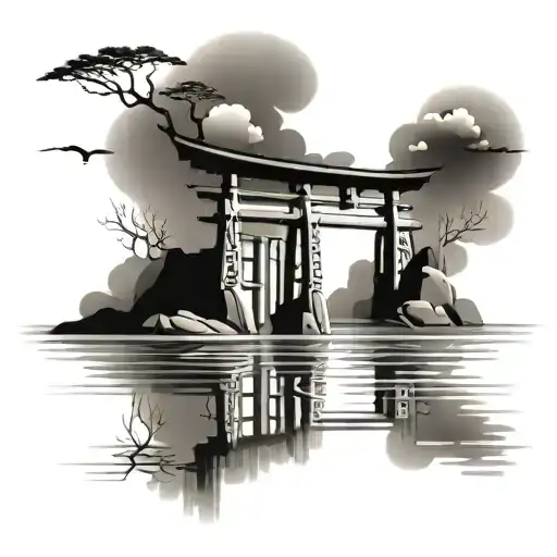Tori Gate Over Water With Reflections