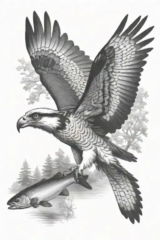 An Osprey Flying And Holding A Small Trout Near The River In The Forest