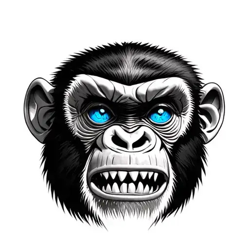 Realism Monkey Face Blue Eyes Evil Mouth With Teeth