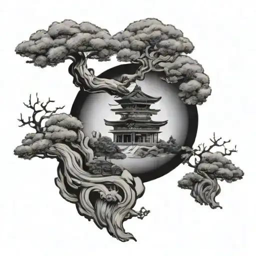 2 Japanese Symbols And A Bonsai Tree Around Them