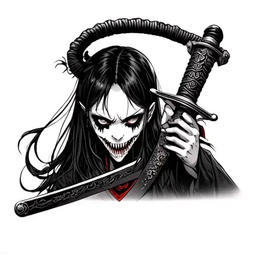 Japanese Girl Vampire With Pronounced Teeth With A Samurai Sword And A Serious Look At The Forearm