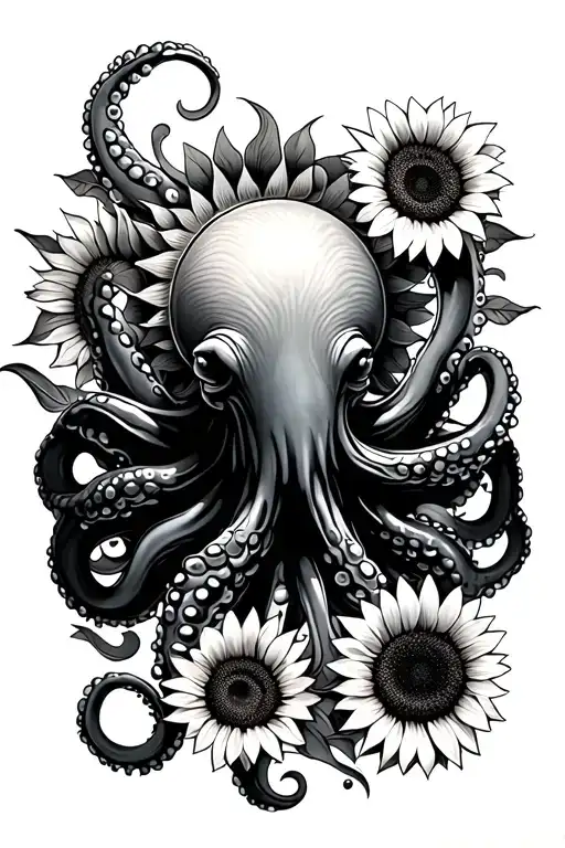 Octopus Holding A Sun And Sunflowers