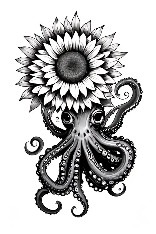 Octopus Holding Sunflowers Infront Of The Sun