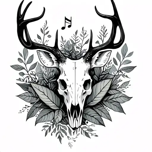 Deer Skull With Plants Among It While Some Music Notes Are Made Out Of The Plants