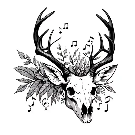 Deer Skull With Plants Among It While Music Notes Are Made Out Of The Plants